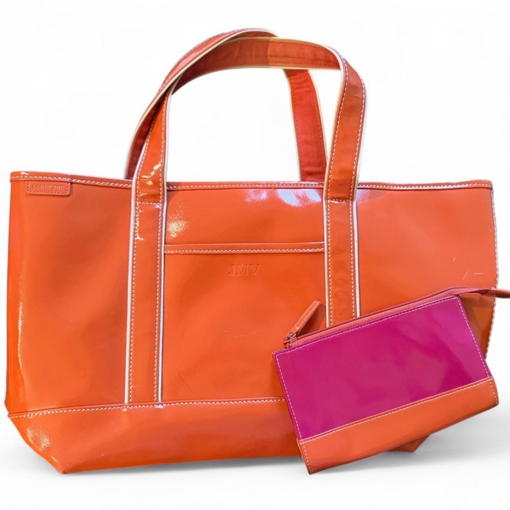 LANDS END orange patent leather tote with matching zipper pouch.